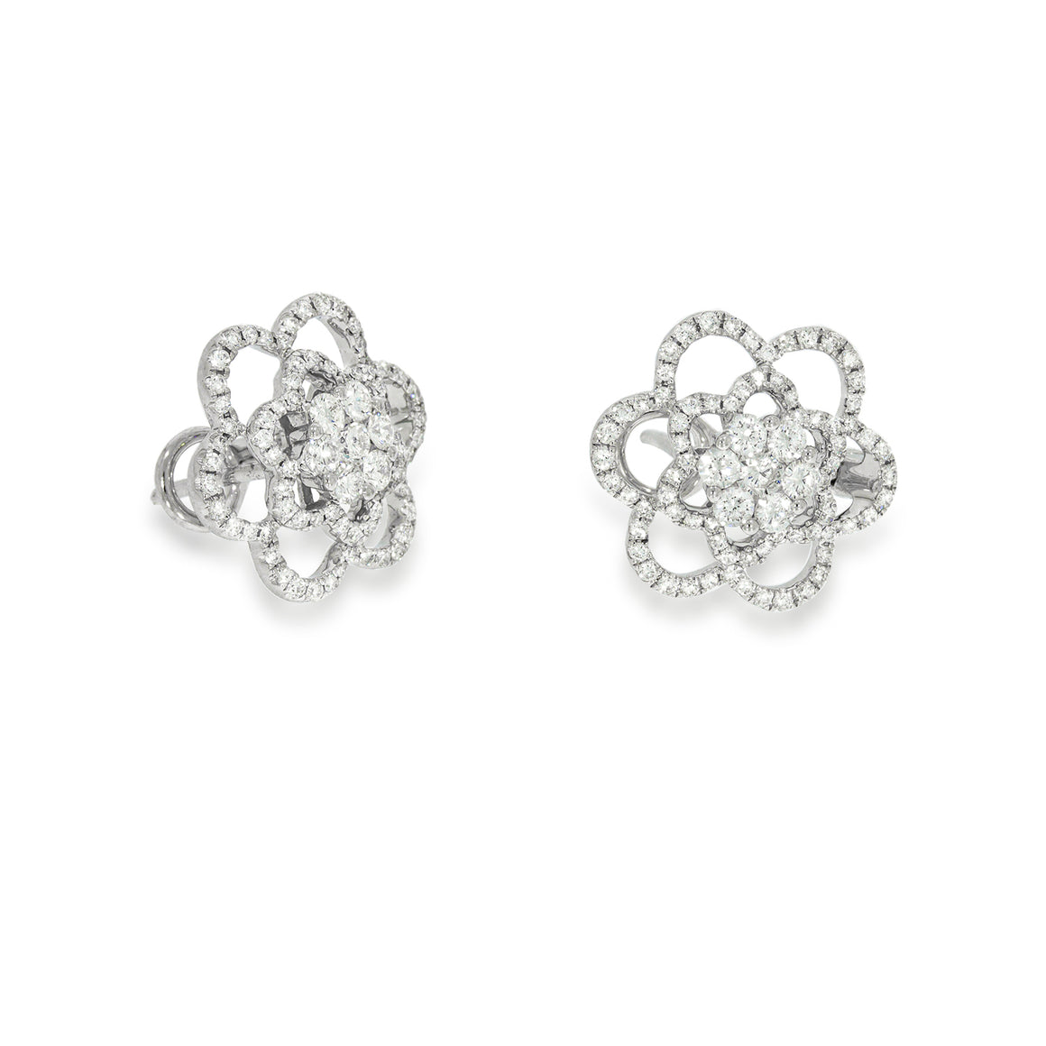 Open Petal Flower Stud Diamonds Earrings in 18K white gold set with 158 diamonds. elegant pave stud erring. engagement / weeding earrings..
