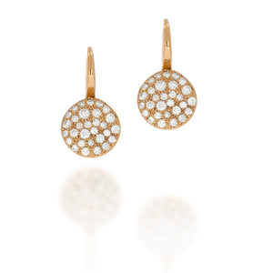 Pave diamonds in 18K rose gold circle drop earrings, set with 60 round diamonds 0.84 carat.