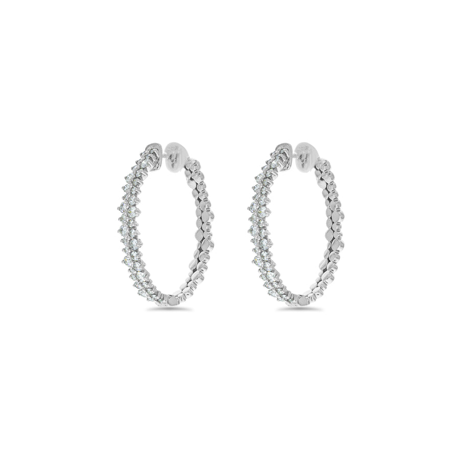 Pave diamonds Hoop Earrings, Very Unique design, double row of magnifisent white sparkling diamonds 2.20ct. Adding sparkle to classic look.