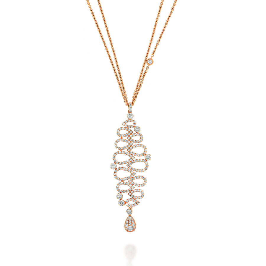 Stunning Multi drops pendant, 12 halo diamonds drops and 1 pave drop, long pendant, Double chain with diamonds along the chain.
