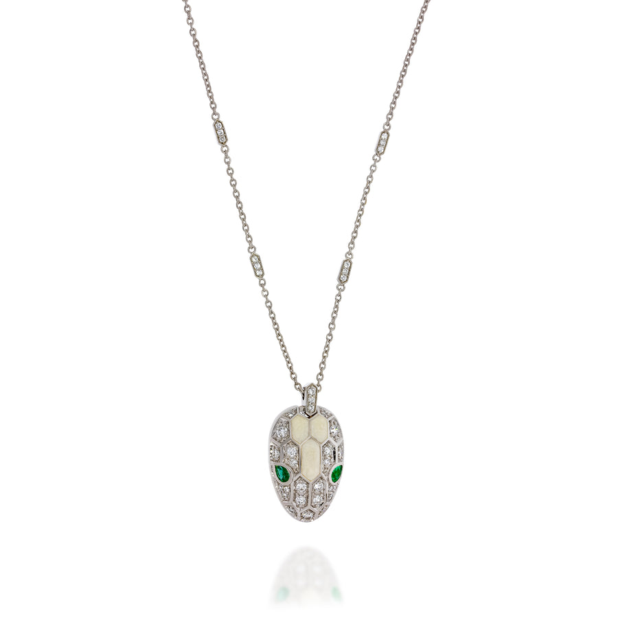 18K white gold snake had pendant charm with 2 Emerald Natural  Stones as eyes. paved with 0.67ct sparkling diamonds (olso on chain)