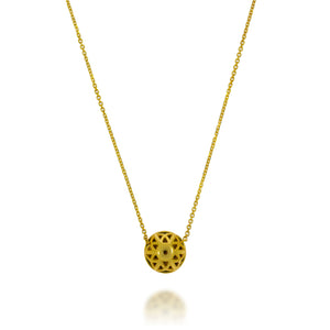 18k yellow gold  disc round pendant pave with shiny diamonds on delicate yellow gold chain. the back of pendant is beautiful design
