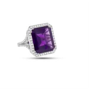 19.05 ct. Purple Amethyst Gemstone & 0.94 round brilliant cut Diamonds Ring in 18K white gold. Engagement Ring.