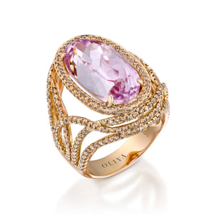 Beautiful Cocktail Ring - Big Light purpel Kunzite oval shape - Halo with champagne round diamonds set on 18K rose gold.