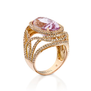 Beautiful Cocktail Ring - Big Light purpel Kunzite oval shape - Halo with champagne round diamonds set on 18K rose gold.