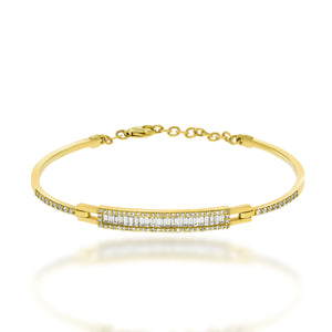Diamond Bangle Bracelet 14K Yellow Gold rectangular disc studded with round diamonds and filled with 23 Baguette shape diamonds.