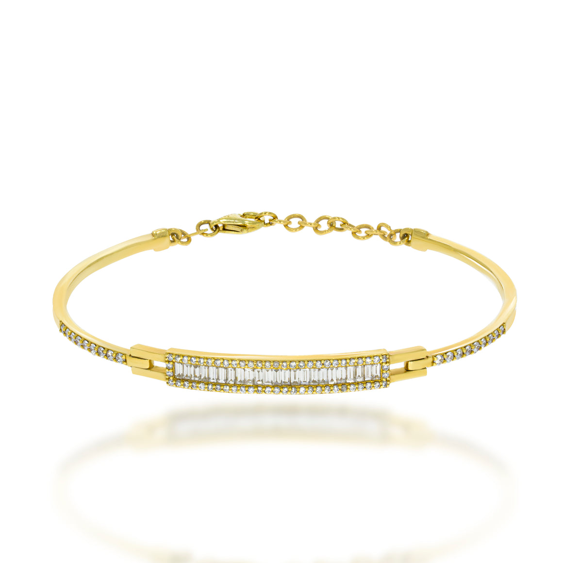 Diamond Bangle Bracelet 14K Yellow Gold rectangular disc studded with round diamonds and filled with 23 Baguette shape diamonds.