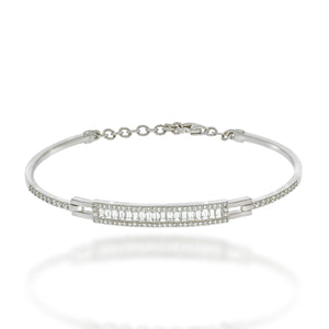 14k white gold bangle bracelet with an close rectangular disc studded with round diamonds and filled with 18 Baguette shape diamonds