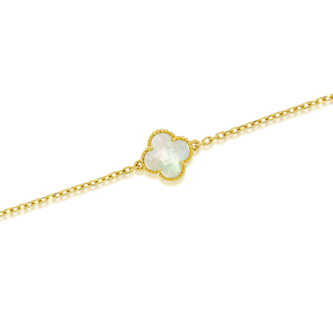 Mother of pearl Clover bracelet, 18k gold, 8.8mm diameter, gold balls Surrounding the Mother pearl all around, timeless setting.