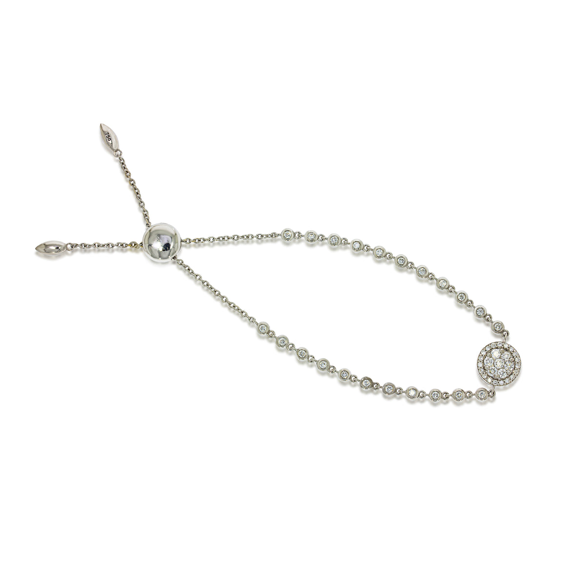Bezel-set round diamonds in a flexible white gold bracelet. Adjustable Tie Bracelet.  beautiful flower pave diamonds halo diamonds around it.