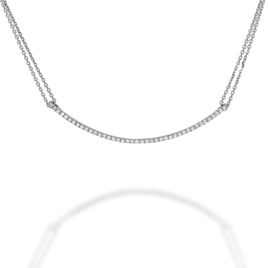 Modern Grace: White Gold Double Chain Necklace with Large 0.36ct gracefully curved bar Pendant that brings modern sophistication to any look