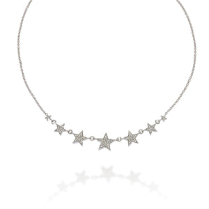 Delicate Charm 0.55ct Pave diamonds, Different sizes of Stars 18k white gold Necklace, beckoning admirers with its magnetic charm.