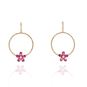 luxurious large Diamonds circles with pink flowers earrings in 18k rose gold dropping from a diamonds bar. Unparalleled elegance.