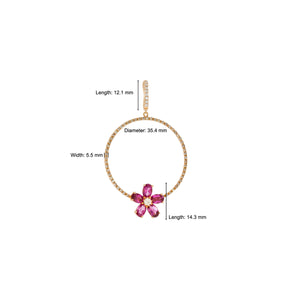 luxurious large Diamonds circles with pink flowers earrings in 18k rose gold dropping from a diamonds bar. Unparalleled elegance.
