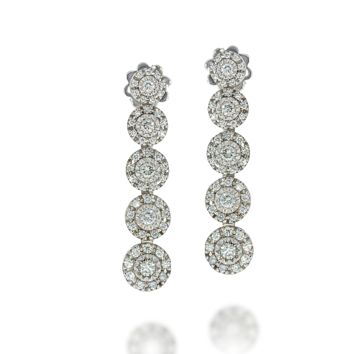 Diamond Dangle Drop Earrings crafted with 5 different size pave round shape 18k white gold, hangs with a graceful and refined elegance.
