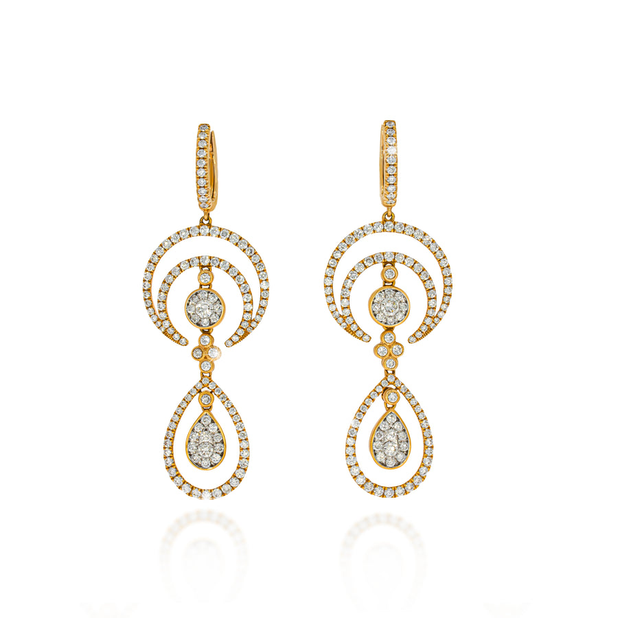 Long luxurious dangling diamond earring, Graceful Length incorporates six versatile paterns set with diamonds. 18k rose gold.