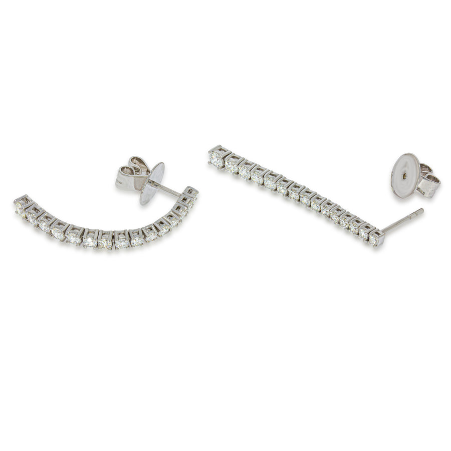 Long strip bar studs diamonds earings, 15 diamonds on each earing set on 14k white gold, arranged from the smallest width to the largest.