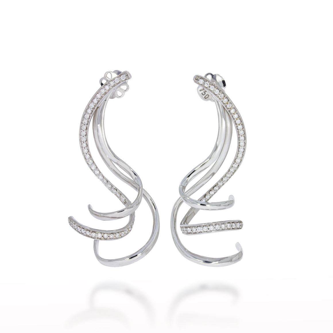 Unique and Exclusive Long Sinuous Koktail earrings. 3 strip 18k white gold, one strip set with round diamonds all the way.