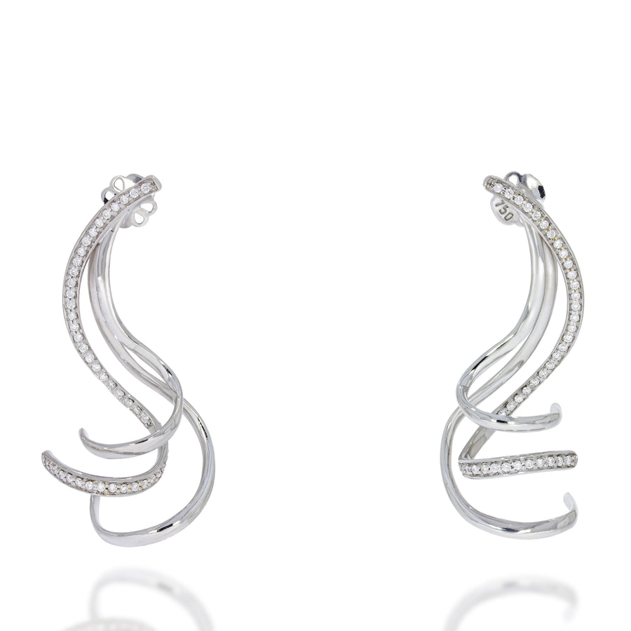Unique and Exclusive Long Sinuous Koktail earrings. 3 strip 18k white gold, one strip set with round diamonds all the way.