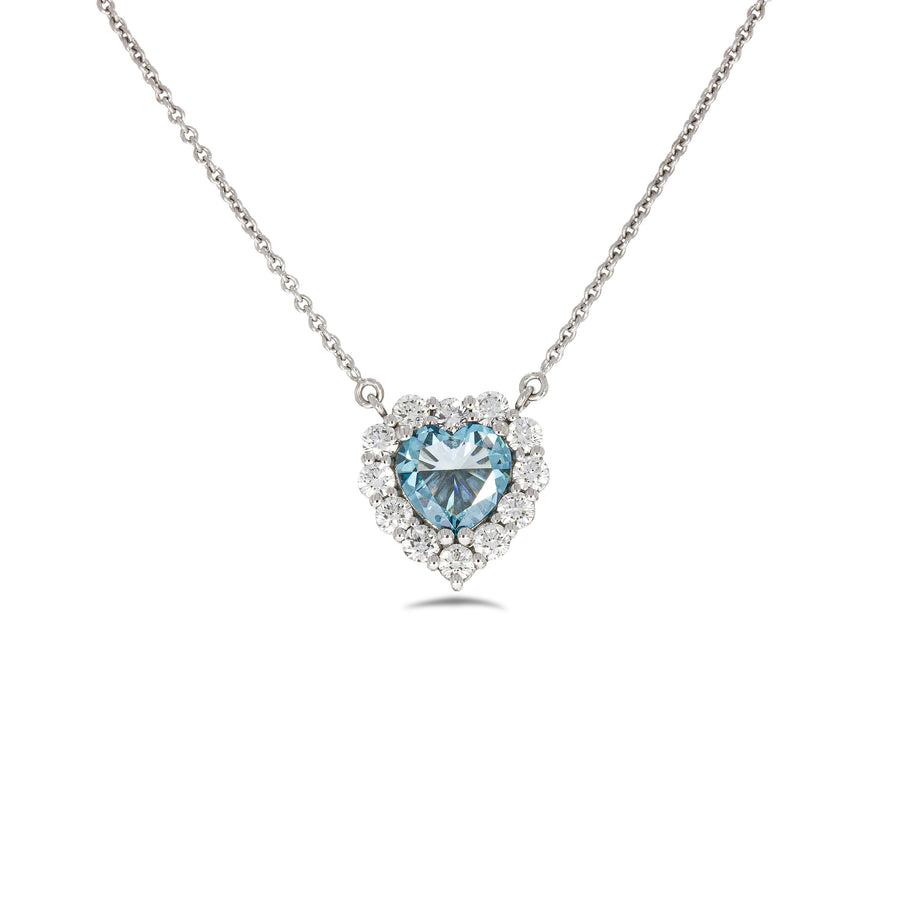 Timeless thick filigree swirl ocean blue diamond Heart shape pendant. 18k white gold set with 0.72ct glamour ocean blue diamond.