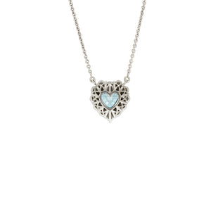 Timeless thick filigree swirl ocean blue diamond Heart shape pendant. 18k white gold set with 0.72ct glamour ocean blue diamond.