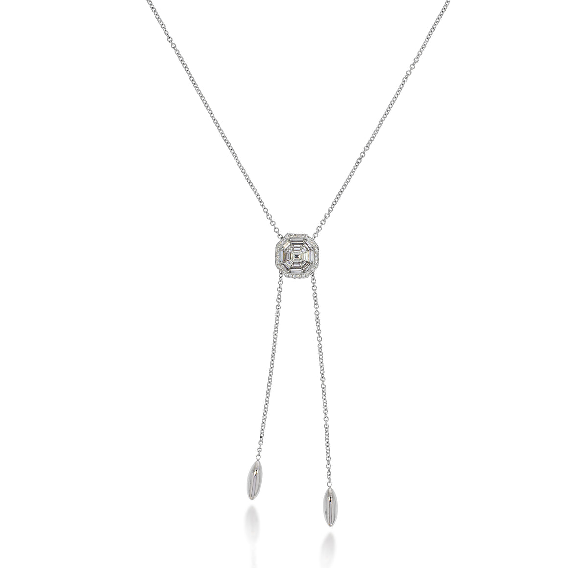 Delicate Tie Design Diamonds Neckless, Octagon sliding pendant, Halo Design: Surrounding invisable set with Baguette and asher cut diamonds.