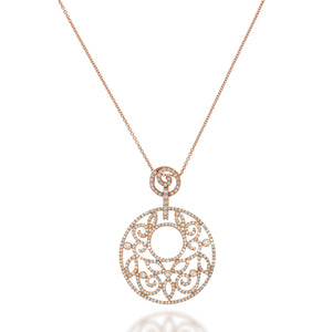 Rose gold Filigree Swirl Round pendant set with 299 round sparkling diamonds.  with wave-shaped hanger set with 33 diamonds.