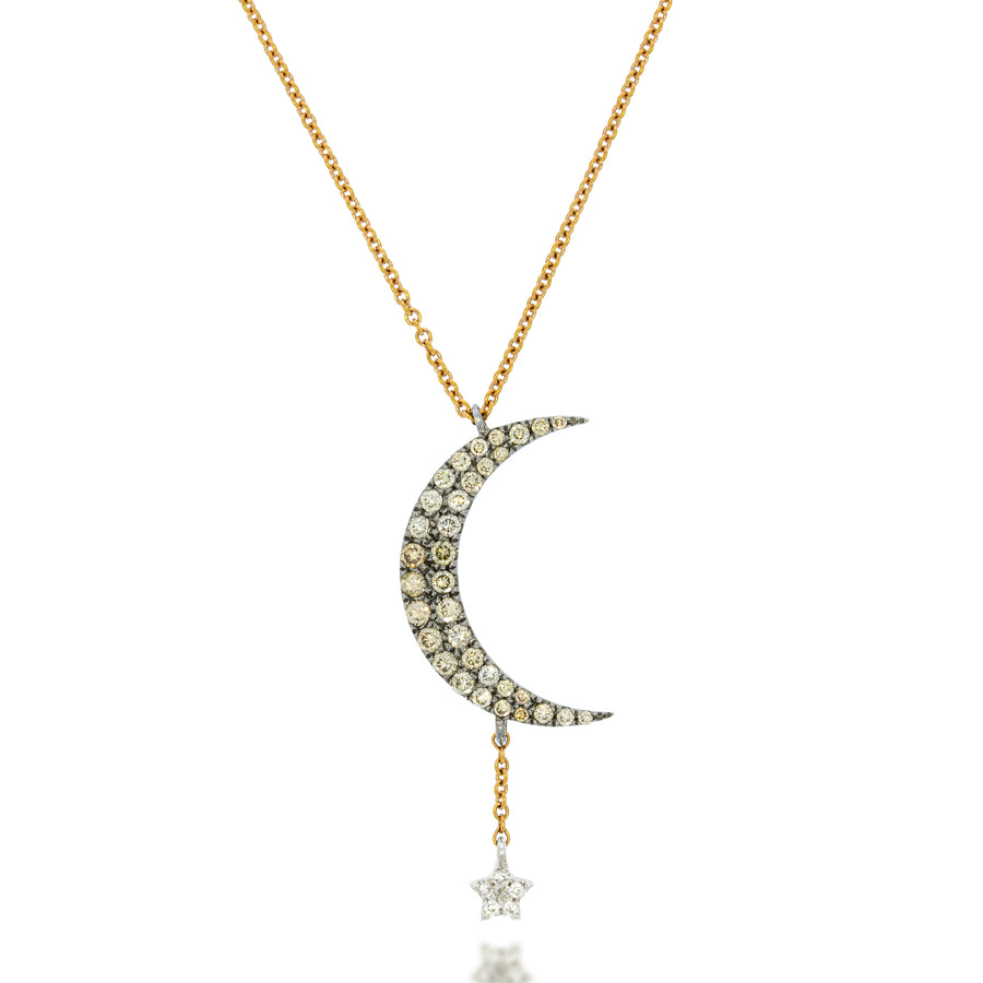 Intricately designed Crescent Moon Diamond Pedant. 18k white gold set with Round Champagne and White Diamonds + droping diamonds star.