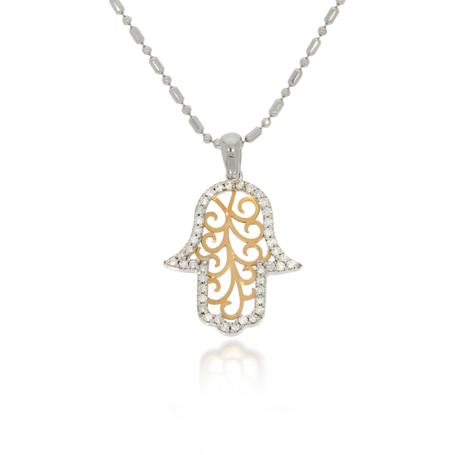 Filigree-Style Hamsa Charm Pendant Necklace. 14k rose gold framed with white gold. 14k white gold Beaded Chain Necklace.