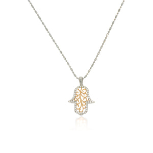 Filigree-Style Hamsa Charm Pendant Necklace. 14k rose gold framed with white gold. 14k white gold Beaded Chain Necklace.