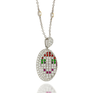Pave Diamonds and Natural Gemstone Round Pendant (Diamonds, Sapphire, Ruby, Tsavorite) set in chain neckless with bazel-set diamonds.