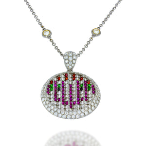 Pave Diamonds and Natural Gemstone Round Pendant (Diamonds, Sapphire, Ruby, Tsavorite) set in chain neckless with bazel-set diamonds.
