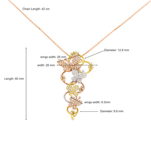 Long curved pendant in 3 gold tones designed with 4 motifs of pave butterflies and 6 circles decorated with diamonds. Very luxurious Pendant