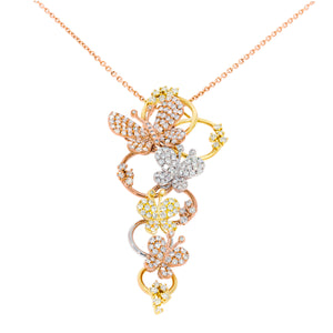 Long curved pendant in 3 gold tones designed with 4 motifs of pave butterflies and 6 circles decorated with diamonds. Very luxurious Pendant