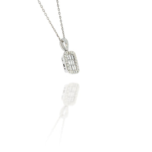 A classic pendant invisible set 0.45ct baguette diamonds and 0.50ct round diamonds around ensuring you radiate elegance on any occasion.