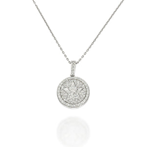 Invisible Setting Five pointed pentangle star diamonds in centre of pave circle pendant set in 18k white gold sparkle and captivates the eye