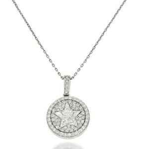 Invisible Setting Five pointed pentangle star diamonds in centre of pave circle pendant set in 18k white gold sparkle and captivates the eye