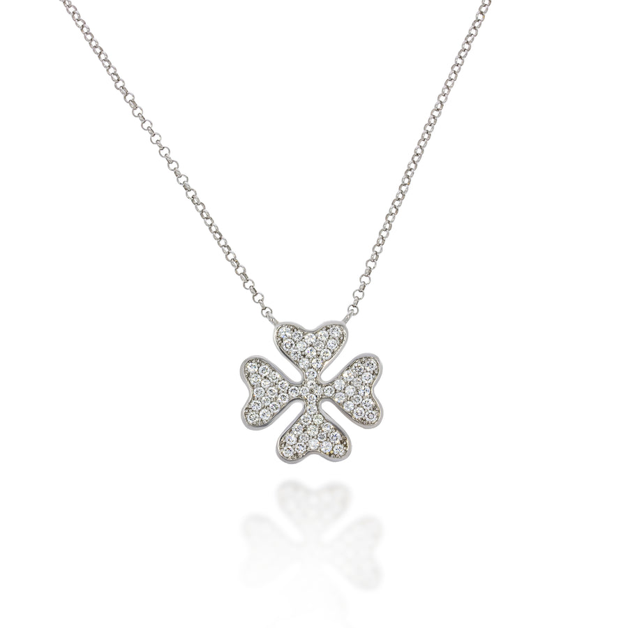 Clover necklace 18K white gold chain, Diamonds Pave Clover design pendant, set with 1.00 ct. Prefect wedding wear/ gift.