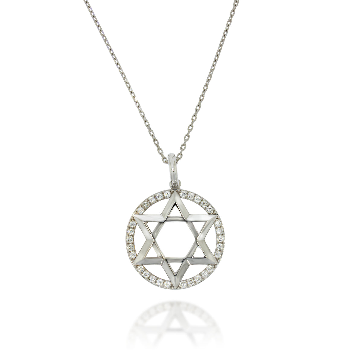 A 3D Star of David pendant, 18k white gold, thick circle halo with 30 Dazzling Brilliance Diamond. extraordinary piece of jewelry.
