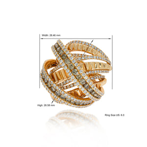 Glamorous Cocktail Diamond Ring, Criss-Cross, Multi-Row, multi layer ring. 18k rose Gold set with Round Brilliant Champagne and white Diamonds