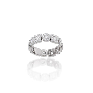 Unique Luxury diamonds Flexible Band ring  set on 18k white gold, 6 circles shape and 5 squares diamonds pave. Each link moves