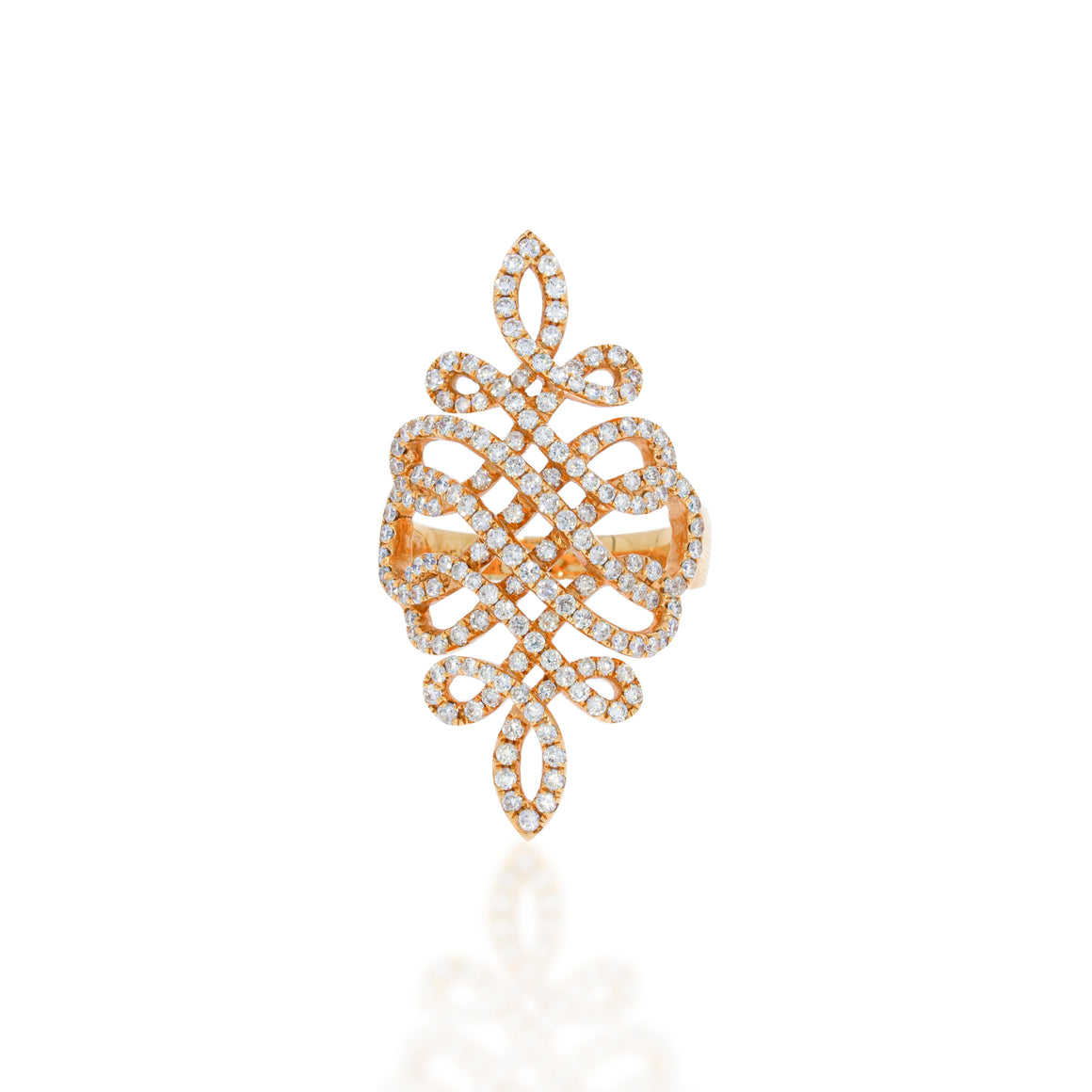 Diamond filigree long ring. Art Deco Statement ring. 18k Rose gold set with 1.24cart of round diamonds.