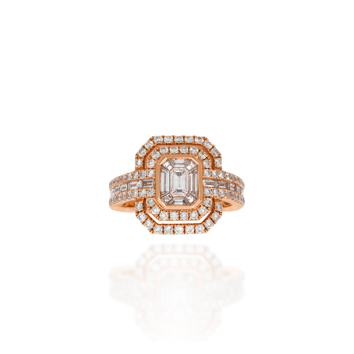 Stunning Invisible Setting Ring big single centerded 1 brilliant cut Baguette diamonds 0.20 ct. surrounded by 1.32 sparkling diamonds.