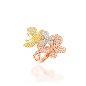 Tree gold tone, large thick diamonds ring, 3 butterflies, symbolizing beauty, grace and transformation. 1.32 carat diamonds.