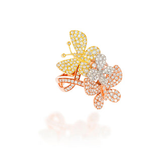 Tree gold tone, large thick diamonds ring, 3 butterflies, symbolizing beauty, grace and transformation. 1.32 carat diamonds.