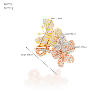 Tree gold tone, large thick diamonds ring, 3 butterflies, symbolizing beauty, grace and transformation. 1.32 carat diamonds.