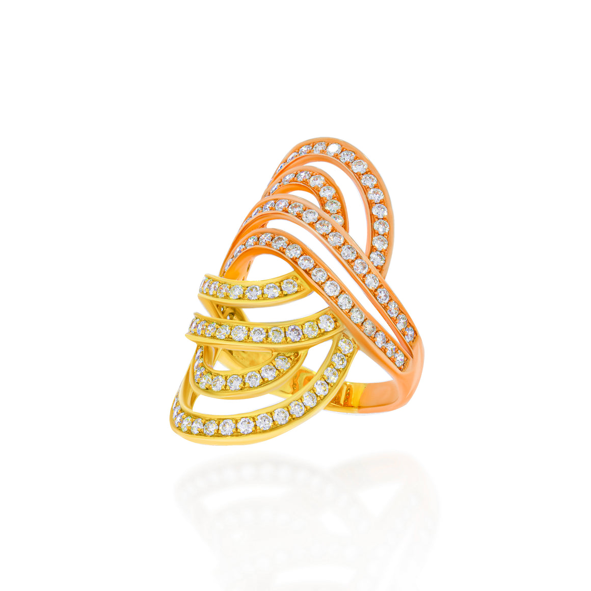Standing long criss-cross design. 18k mix gold and red color, 2.05ct natural round diamond. perfect statement gift.