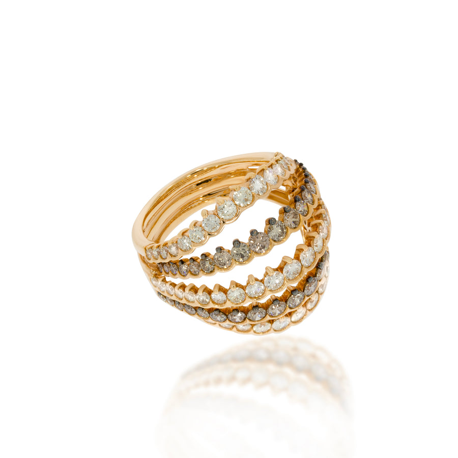 Glamorous piece, Multi Row 2.76ct Diamond Ring, 3 layers set with white round diamonds and 2 with champagne diamonds.