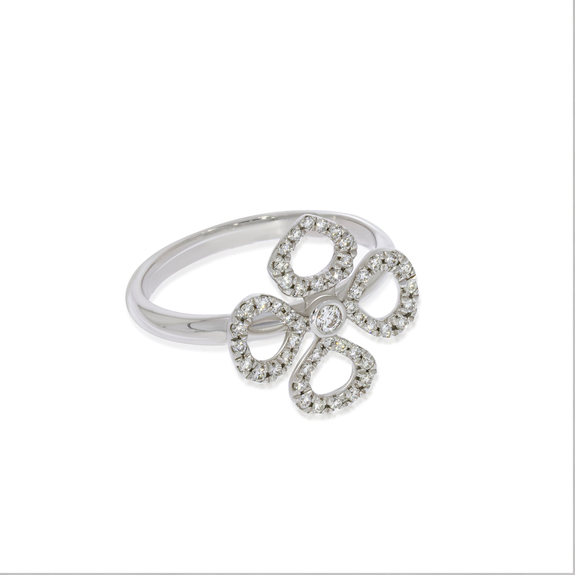 Gentle flower petals stud diamonds rings in 18K white gold set with 48 round diamonds. elegant pave stud ring. engagement / weeding rings.