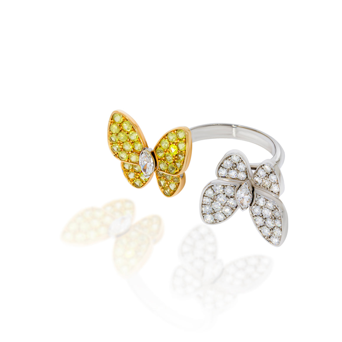 Two butterflies Diamonds Open Ring Two Gold Tone Two Stone color. The perfect and complementary pair Add vibrant and eye-catching variety